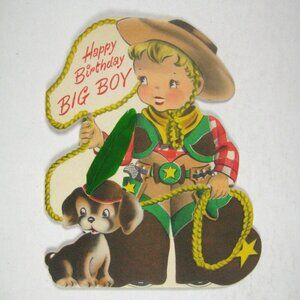 Norcross Greeting Card Happy Birthday Day 1950 Used Cowboy Lasso Feather Dog